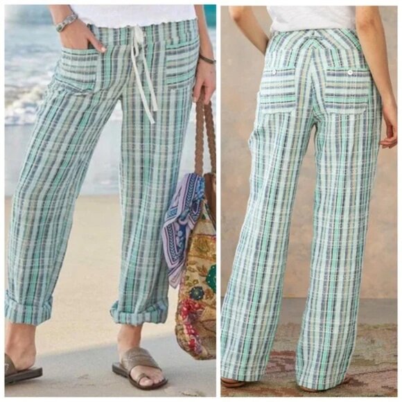 SUNDANCE Gigi Pants Straight Leg Green White Plaid Cotton XS Bohemian Resort - Picture 11 of 11